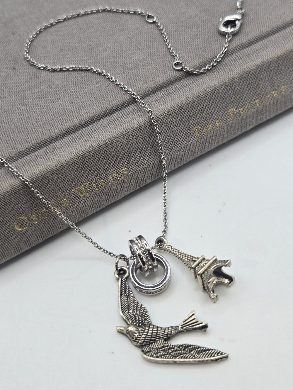 Silver-Tone Dainty Chain Charm Necklace Eiffel Tower Swallow Bird Infinity 19"
